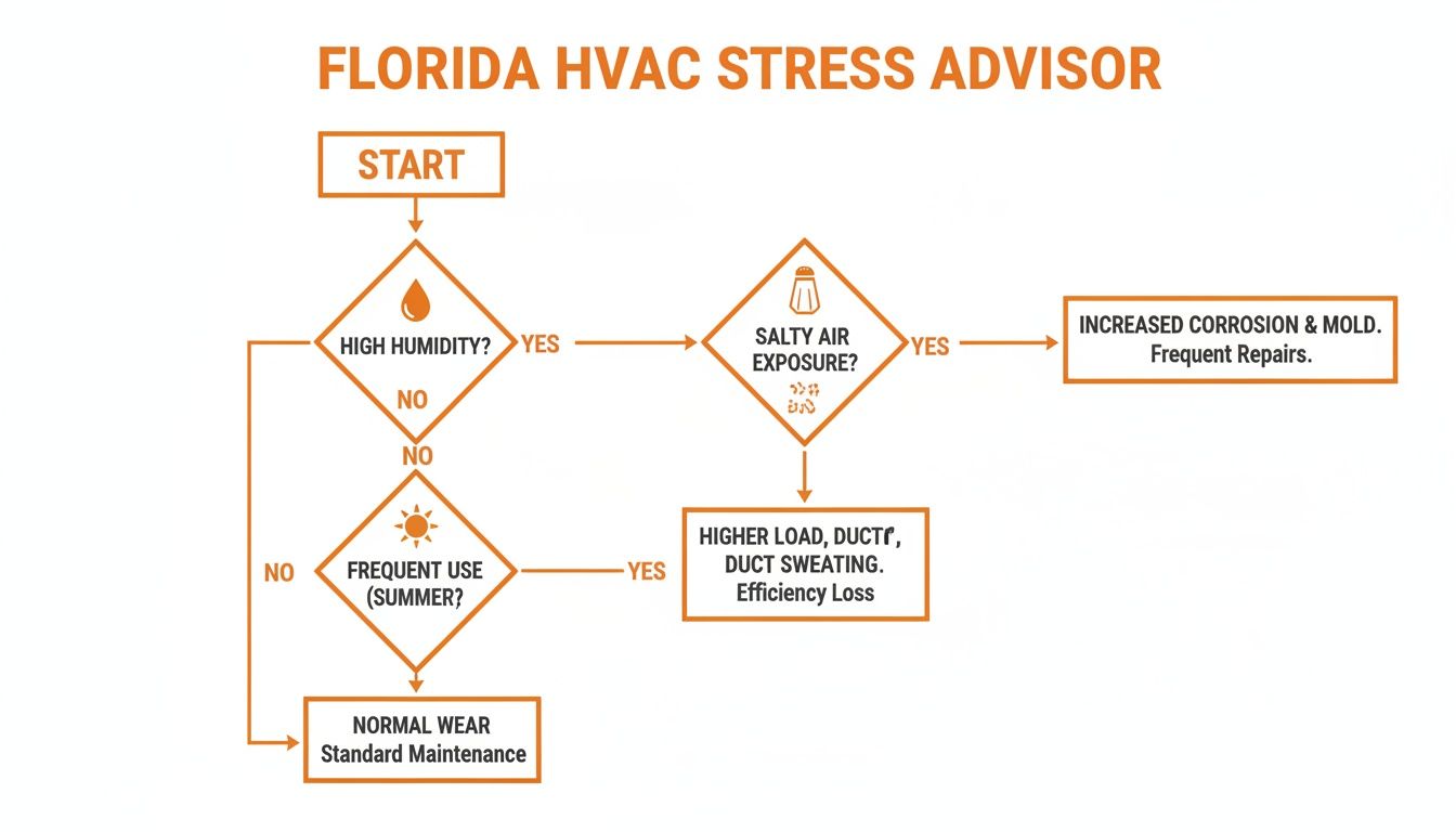 Flowchart explaining Florida HVAC system stress from humidity, salty air, and frequent use, and maintenance needs.
