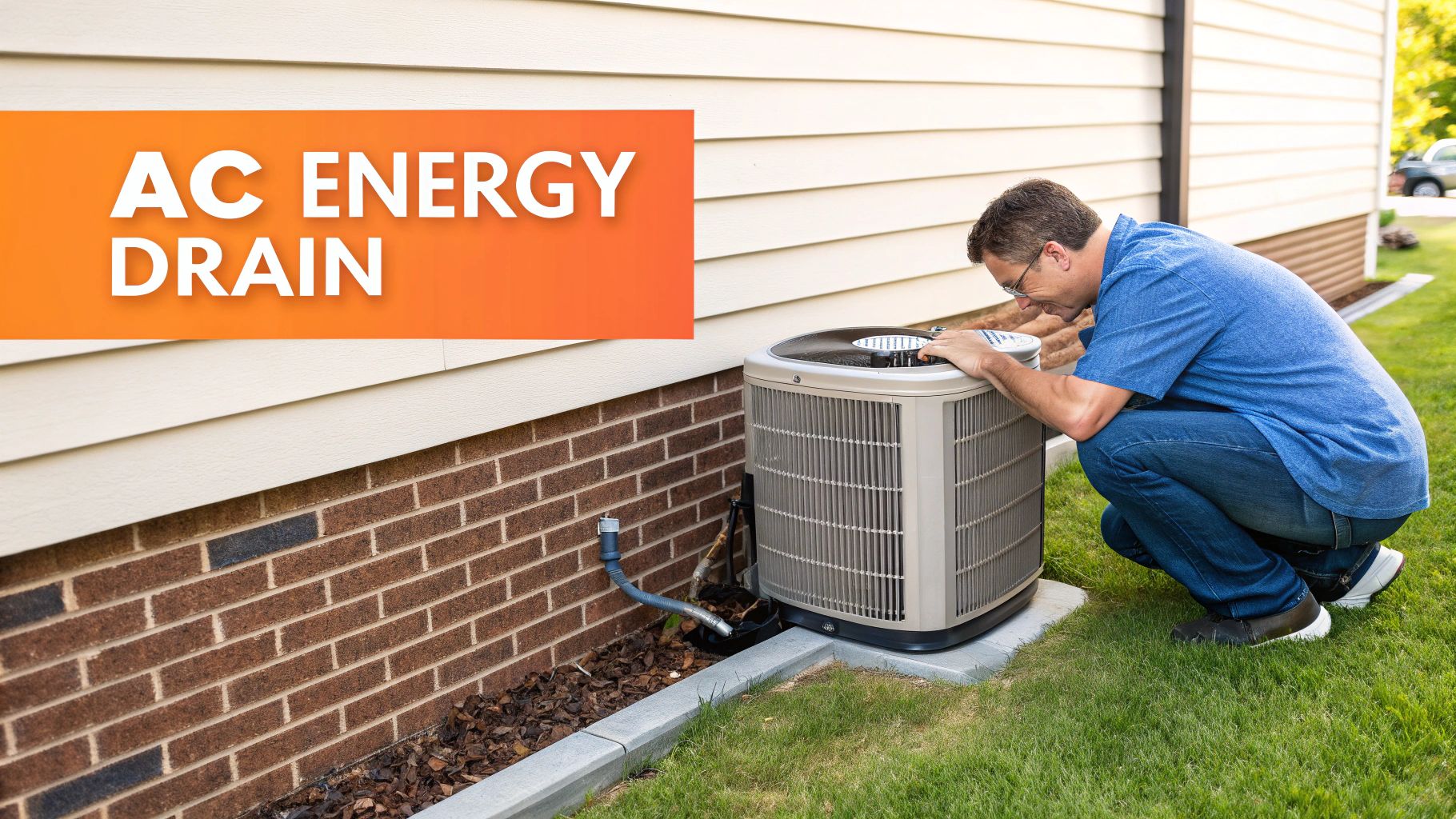 A man in glasses crouches, inspecting an outdoor AC unit next to a house, with an orange banner reading 'AC ENERGY DRAIN'.