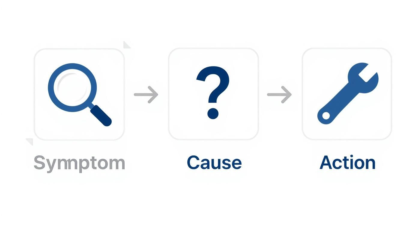 Visual diagram illustrating the problem-solving steps: symptom identification, cause analysis, and corrective action.