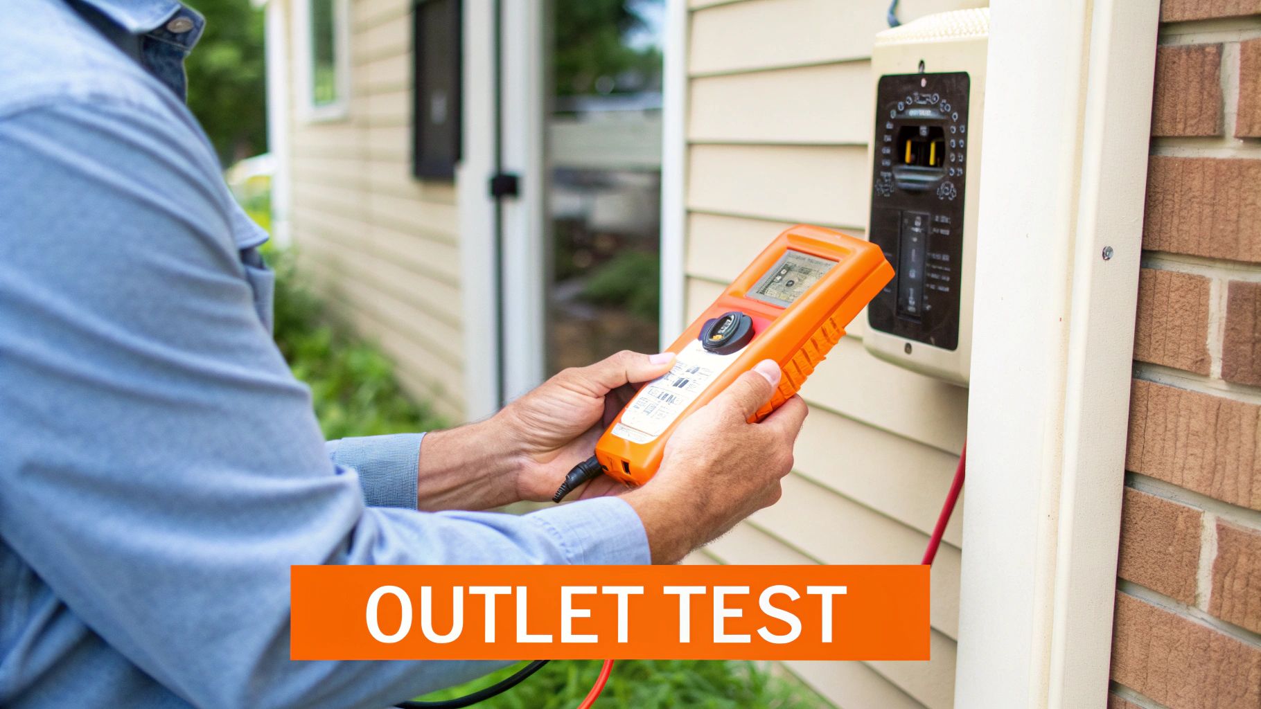 A person uses an orange handheld device to test an outdoor electrical outlet on a house.