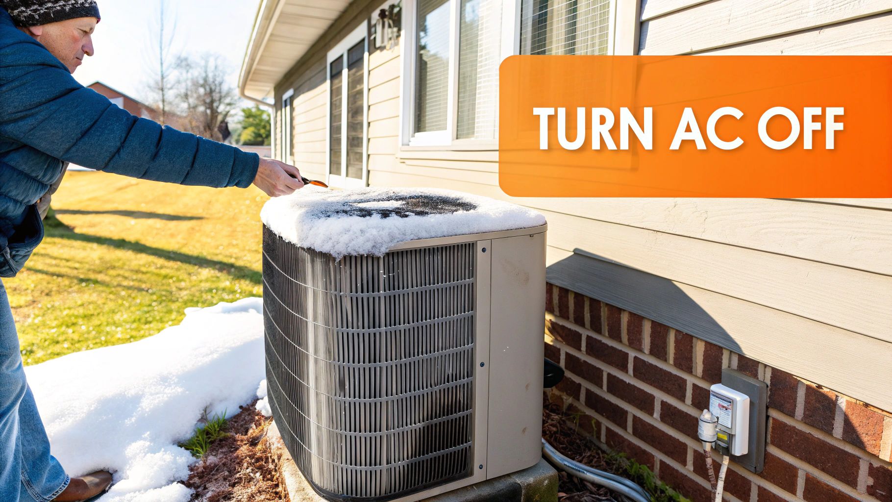 Homeowner clearing snow from frozen air conditioner unit outside house in winter