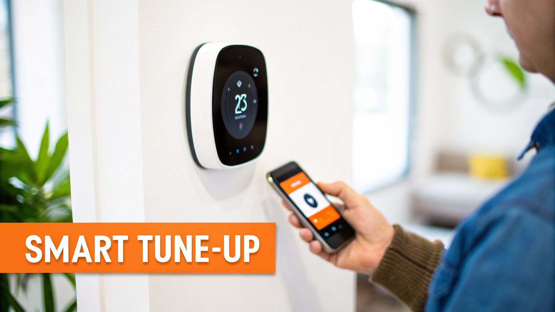 A technician using a tablet to diagnose an HVAC system, illustrating smart technology in AC tune-ups.