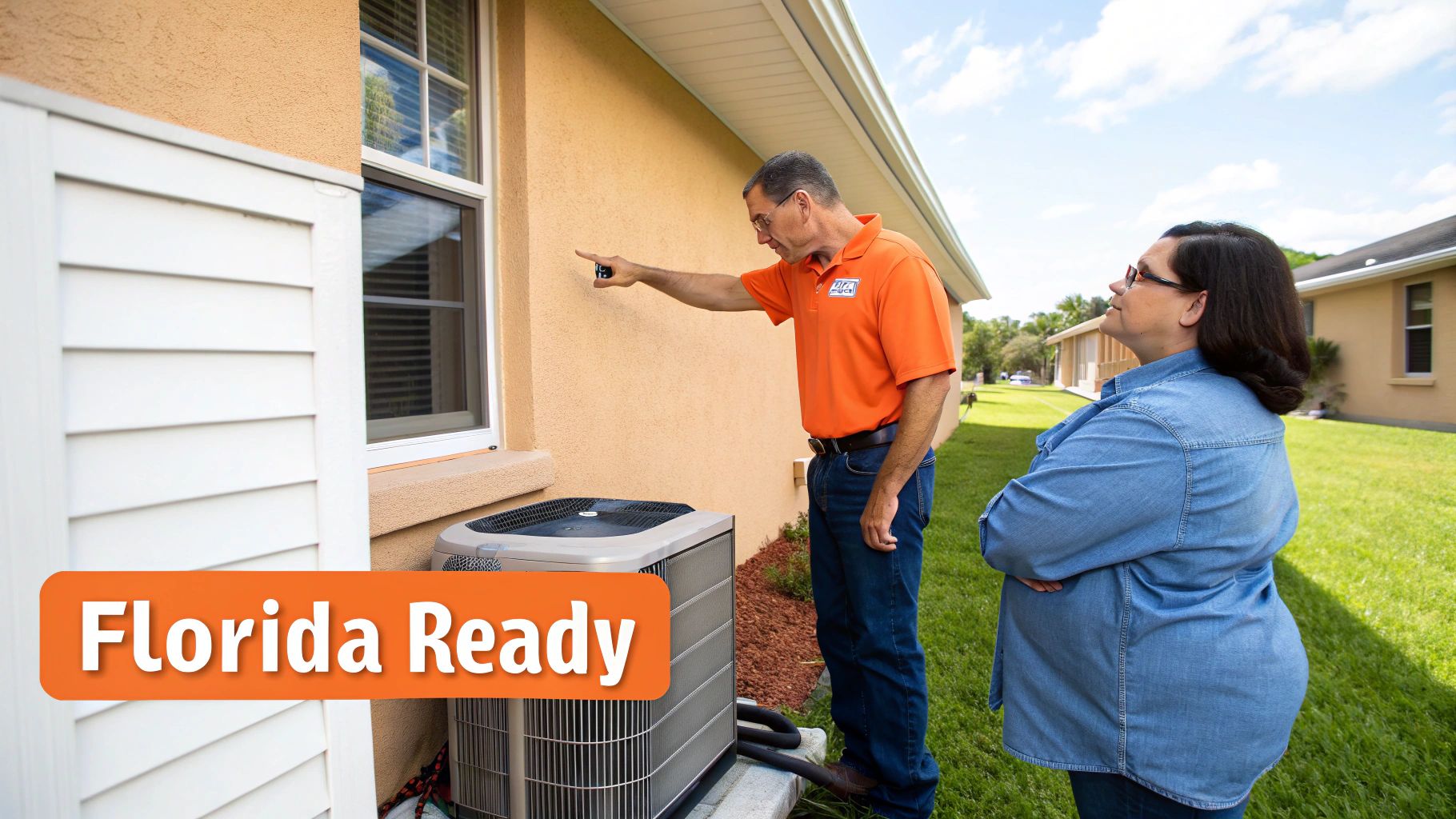 A man in an orange shirt inspects a home's exterior wall next to an outdoor AC unit, watched by a woman.