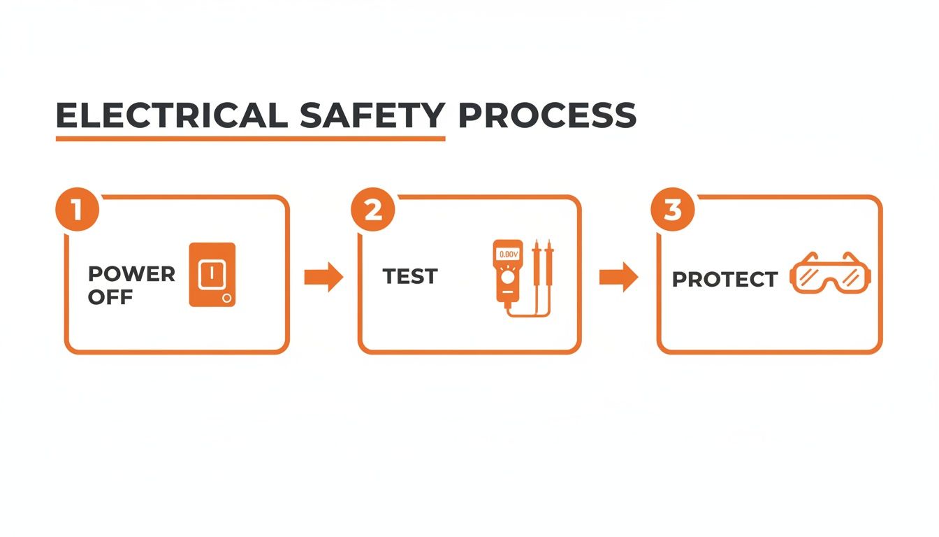 A diagram illustrating the three-step electrical safety process: power off, test, and protect.