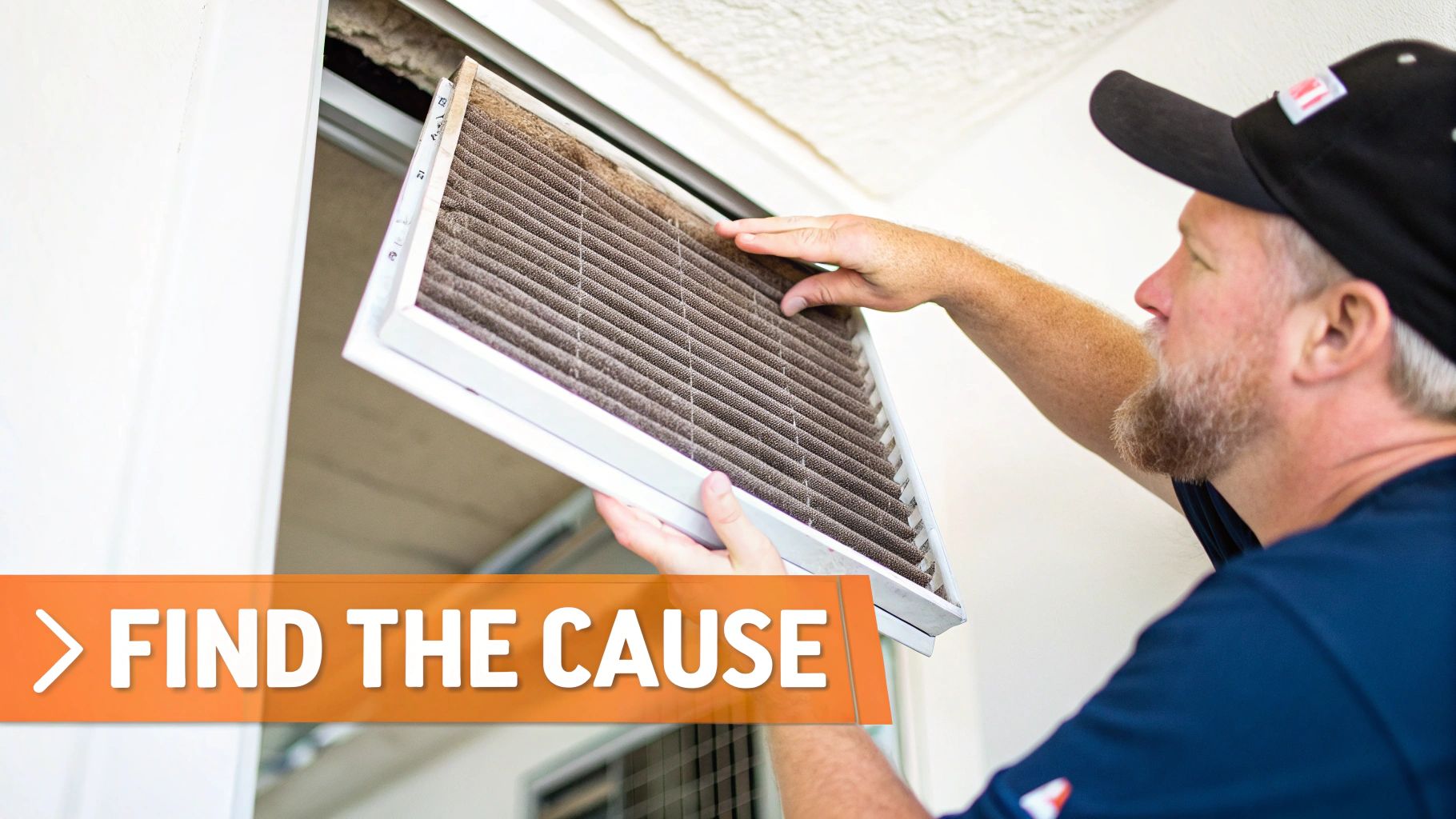 HVAC technician removing dirty air filter from air conditioning vent to find freezing cause