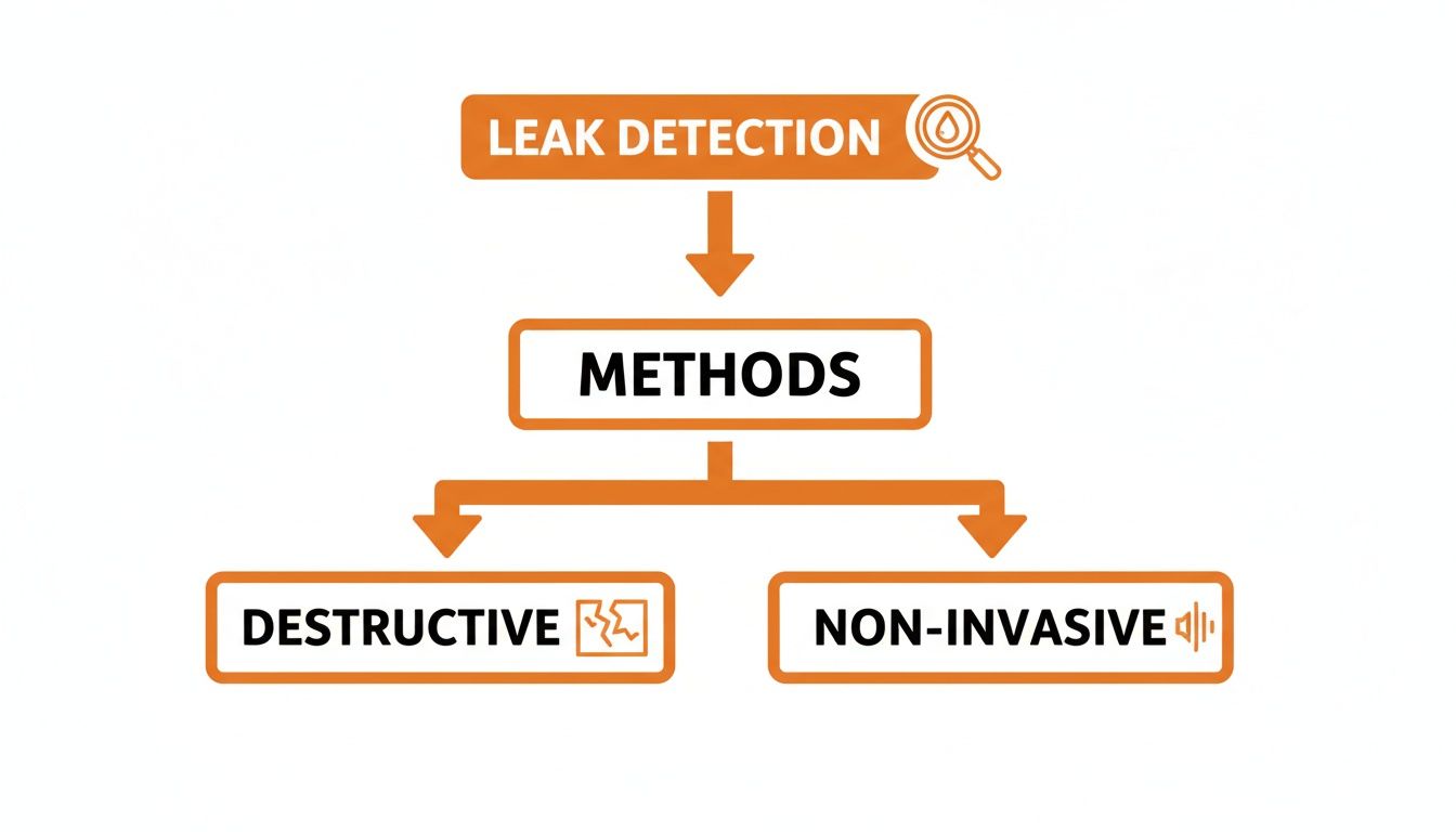 Flowchart illustrating leak detection methods, differentiating between destructive and non-invasive approaches.