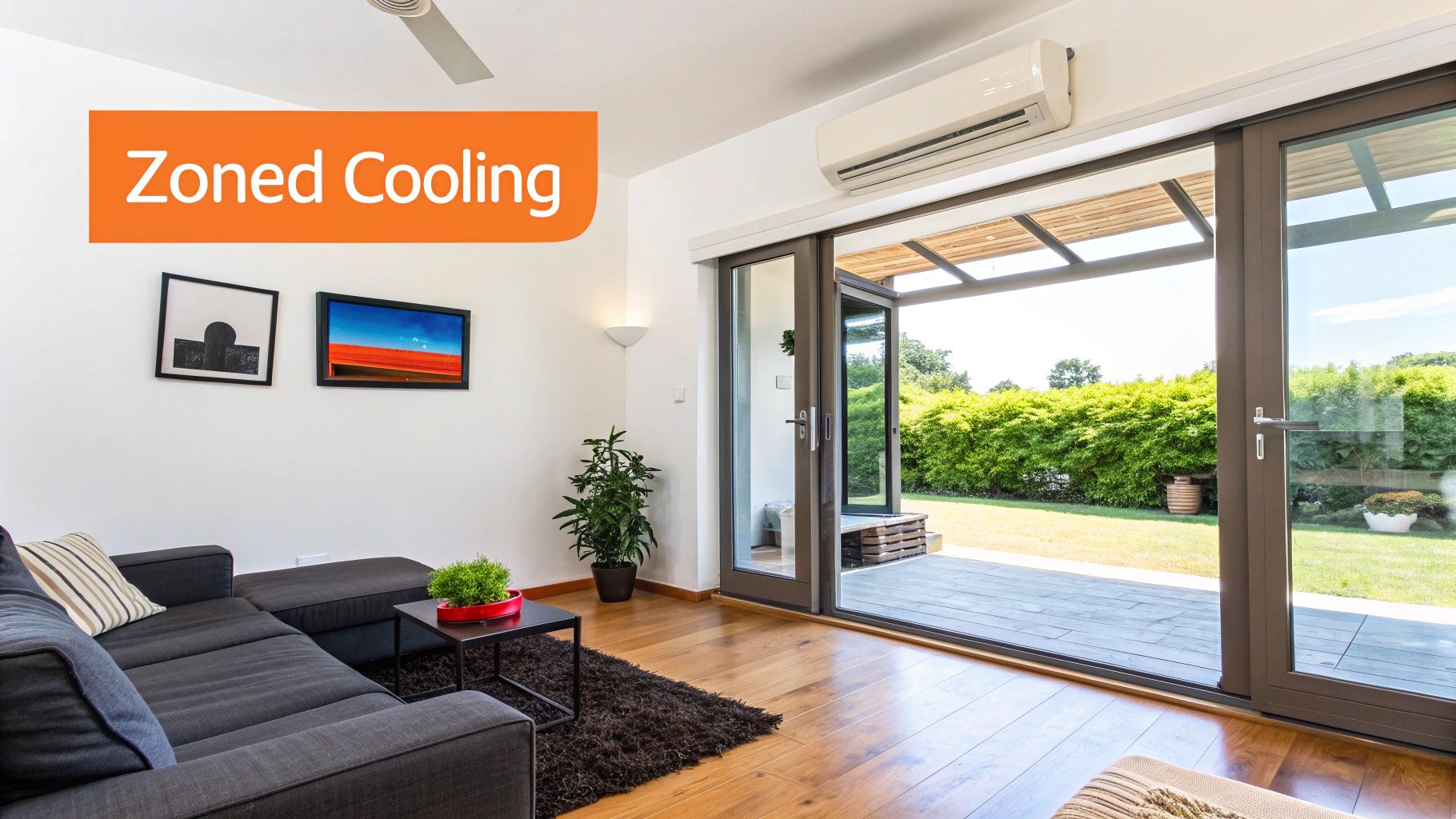 A modern living room with a ductless mini-split AC unit and open sliding doors to a green garden, illustrating zoned cooling.