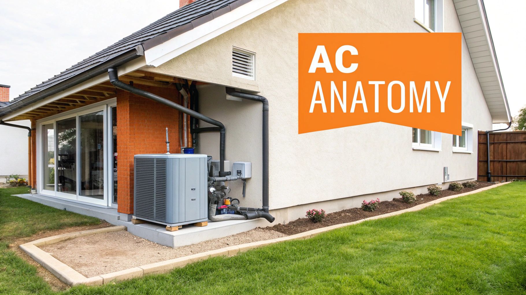 Exterior view of a house with a central AC unit, plumbing, and a well-maintained lawn.