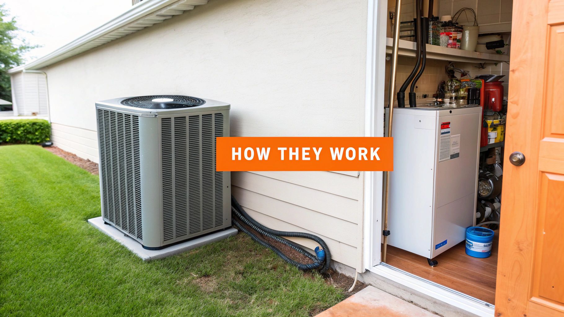 An outdoor air conditioner unit and an indoor furnace or heat pump system in a residential setting.