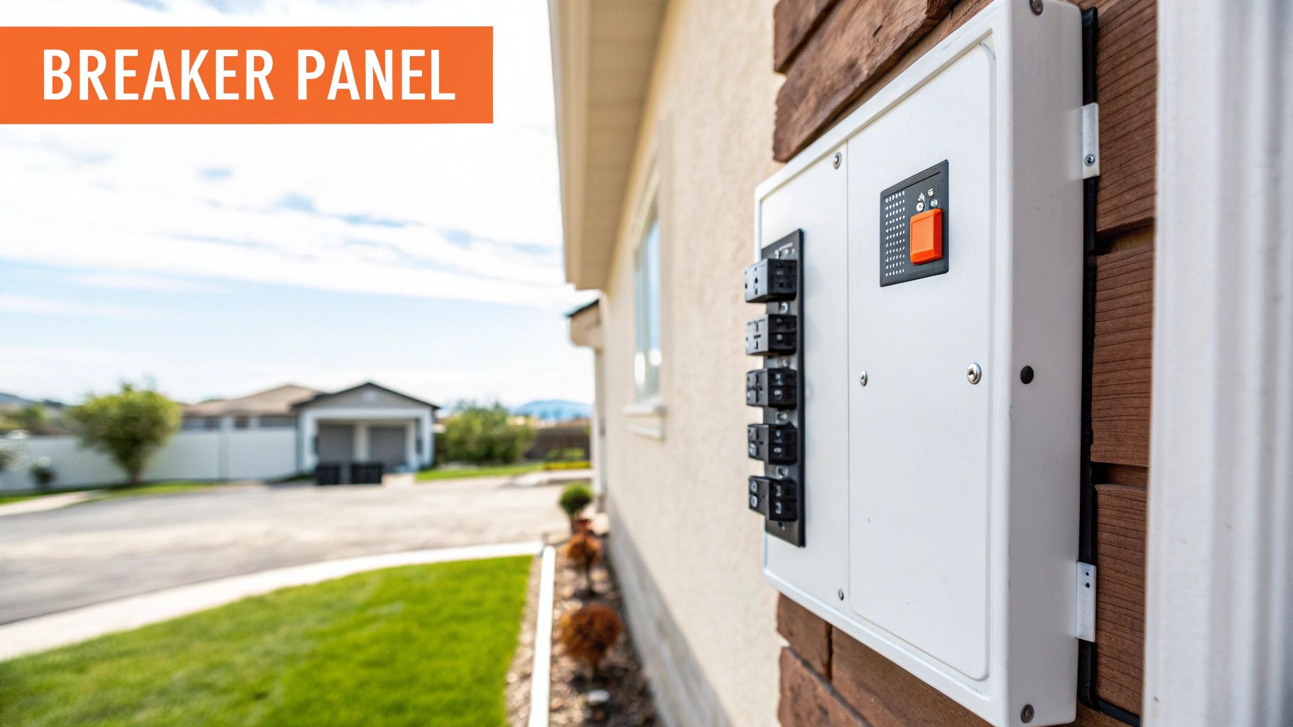 White residential breaker panel mounted on exterior brick wall with circuit breakers visible