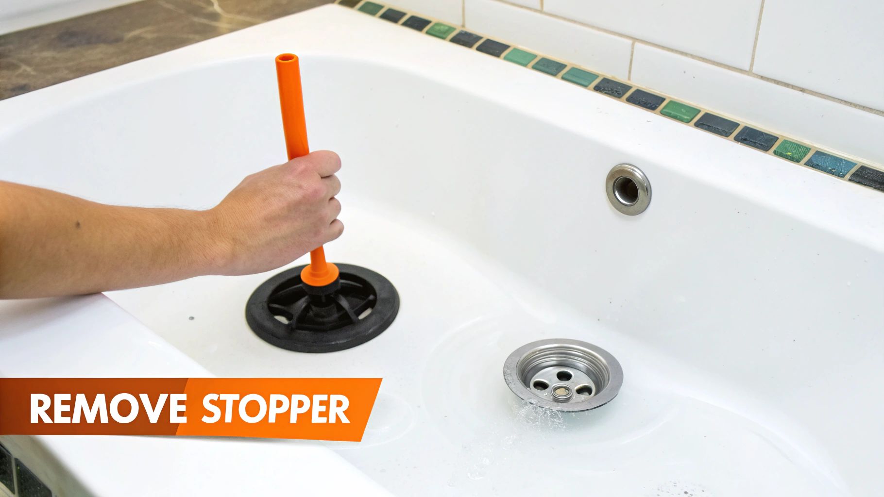 Baking soda and vinegar being used to clean a tub drain