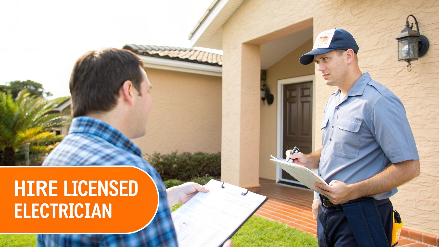 An electrician in uniform talks to a homeowner, both holding clipboards, in front of a house.