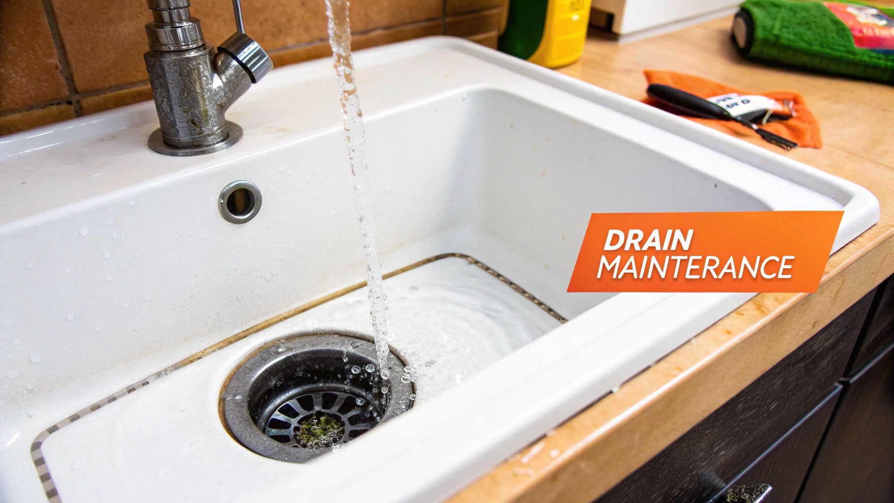 Kitchen sink with running water, demonstrating drain maintenance and care.