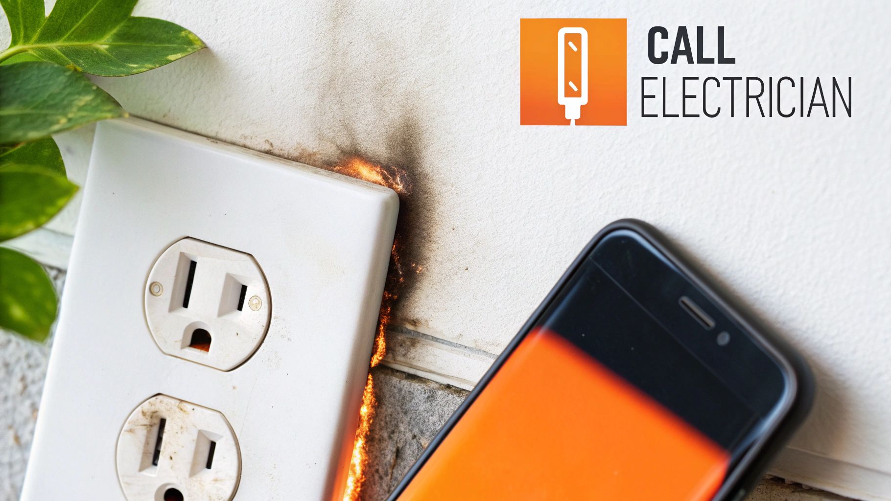 Burned electrical outlet with visible fire damage and smartphone charging cord warning sign