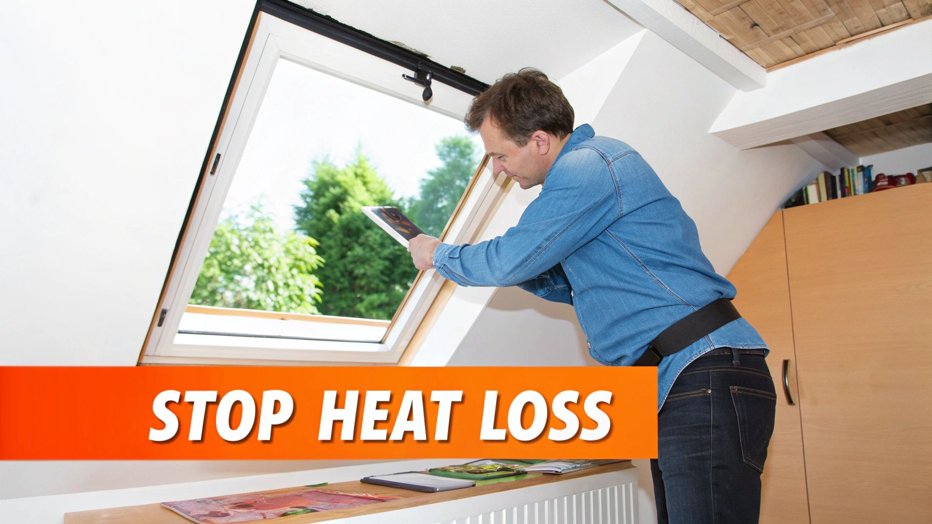 A man in a denim shirt inspects a skylight window with a tablet, looking for heat loss.