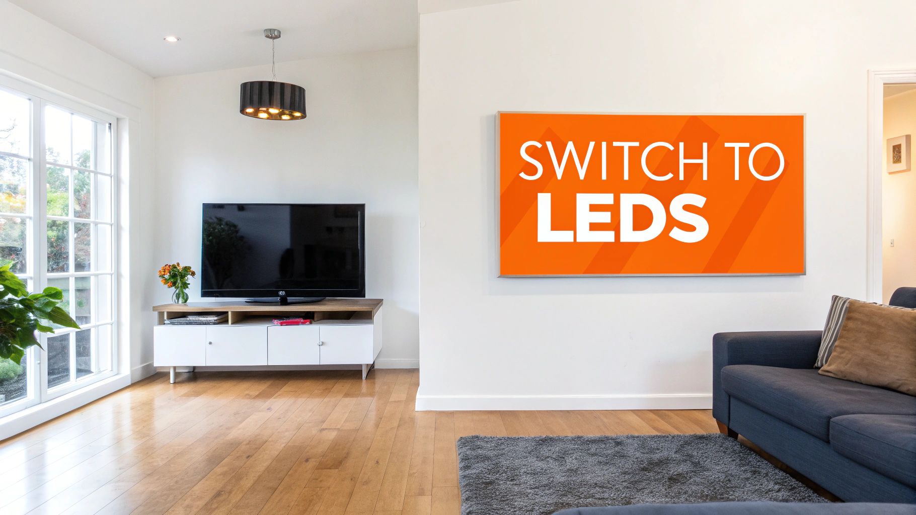 A modern, bright living room featuring a television, a comfortable sofa, and a large orange sign on the wall promoting "SWITCH TO LEDs".