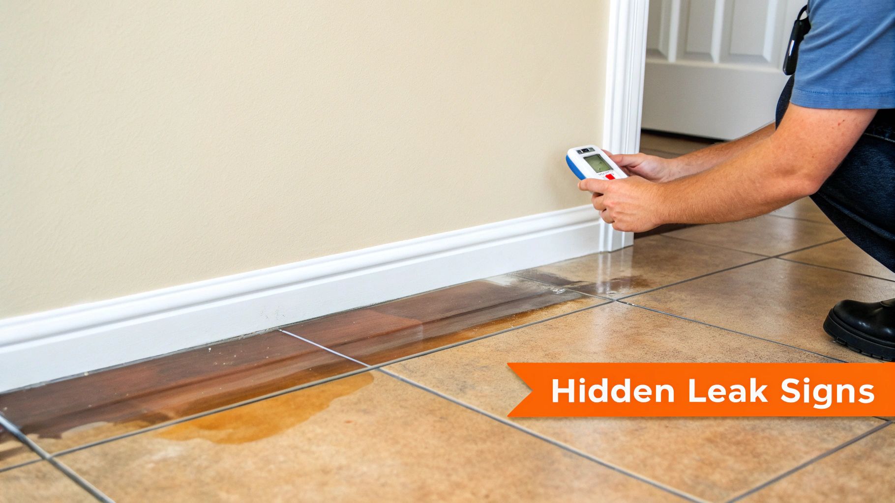 A person uses a handheld moisture meter on a wall, inspecting for hidden water leaks.