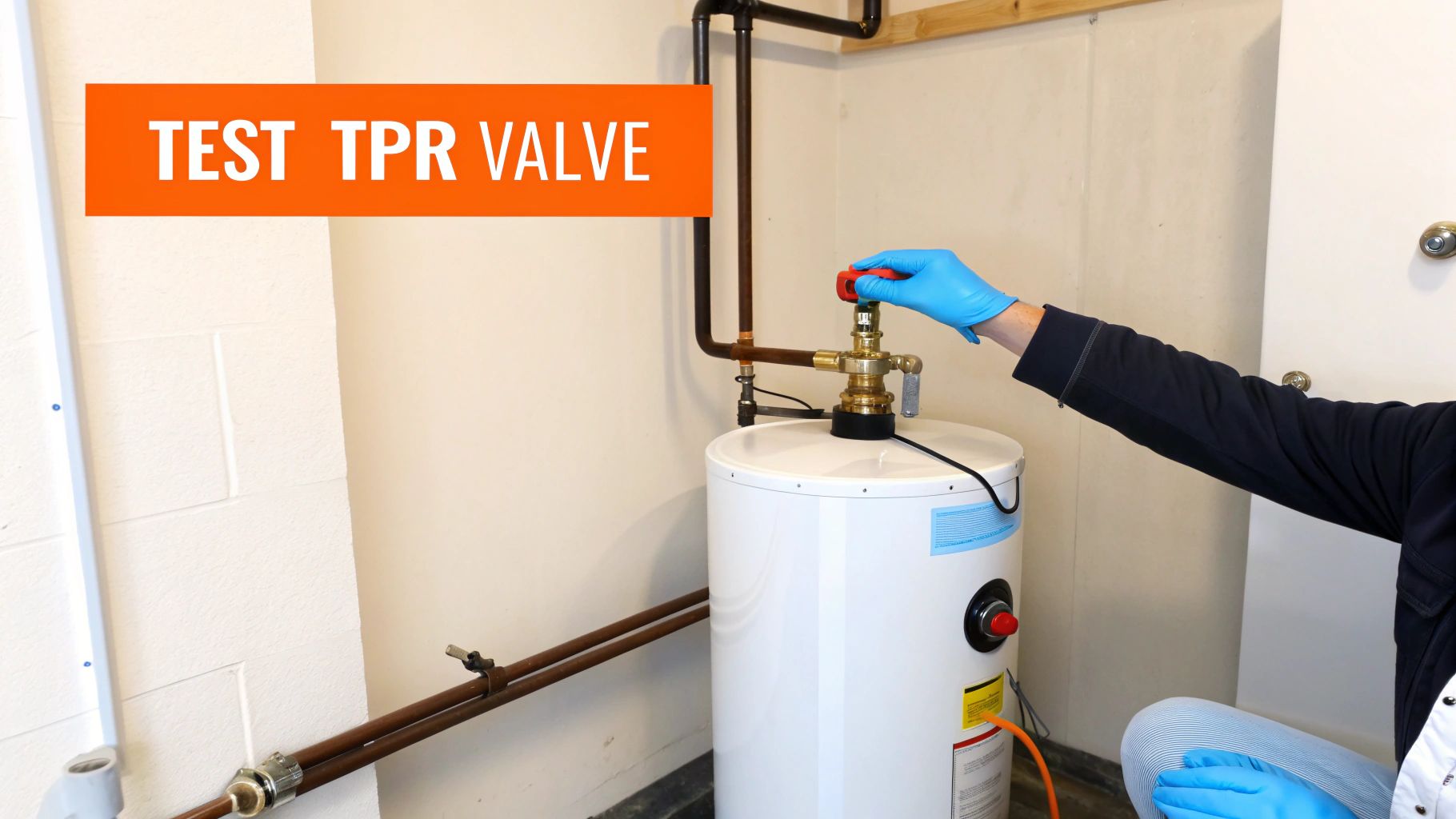 A person in blue gloves tests the TPR valve on a white water heater.