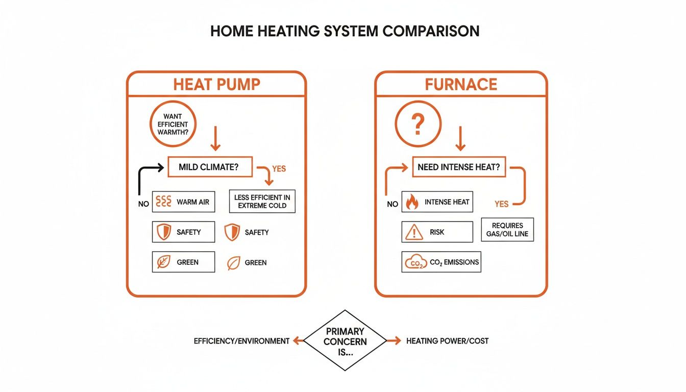 Infographic comparing heat pump and furnace home heating systems based on efficiency, climate, safety, and emissions.