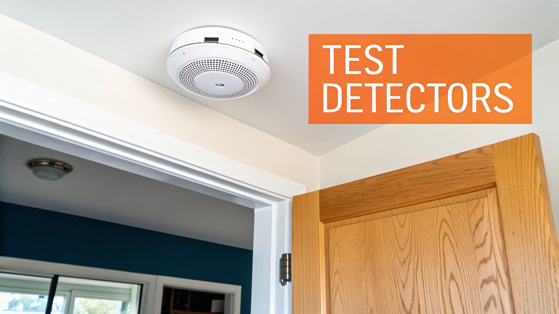 A modern white smoke detector on a ceiling with an orange overlay saying 'TEST DETECTORS'.