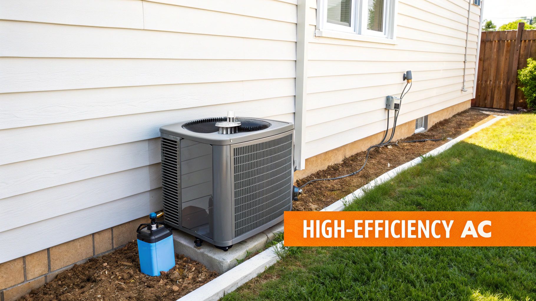 A high-efficiency outdoor air conditioning unit next to a white house with green grass.