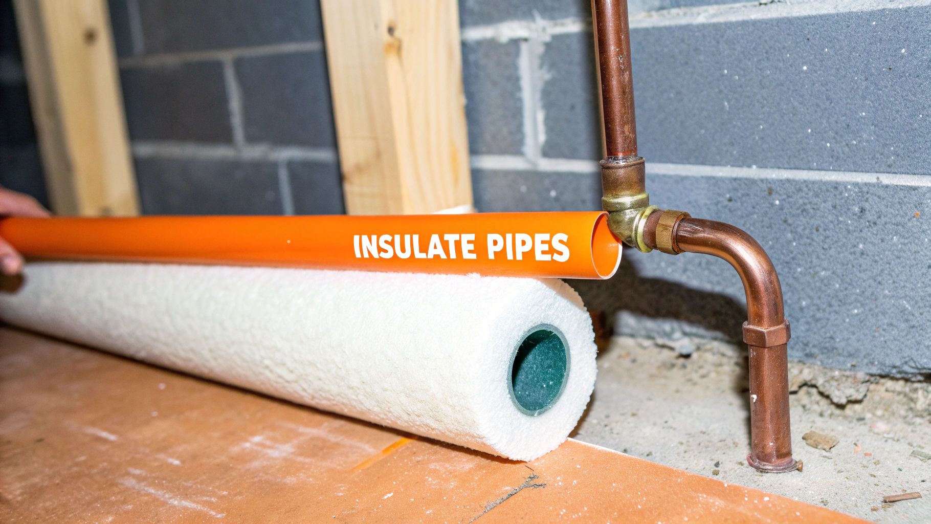 A hand holds an orange pipe labeled 'INSULATE PIPES' above a roll of white insulation, next to copper plumbing against a wall.