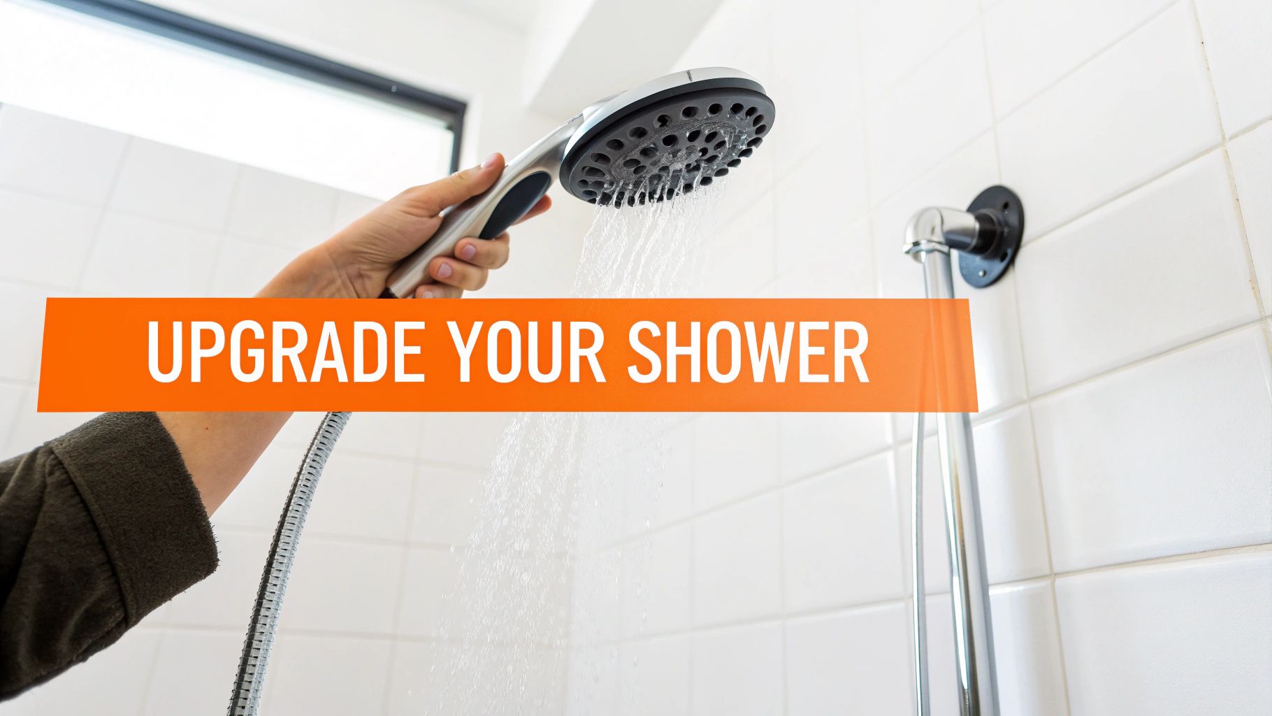 A hand holds a modern chrome handheld showerhead spraying water in a white tiled bathroom.