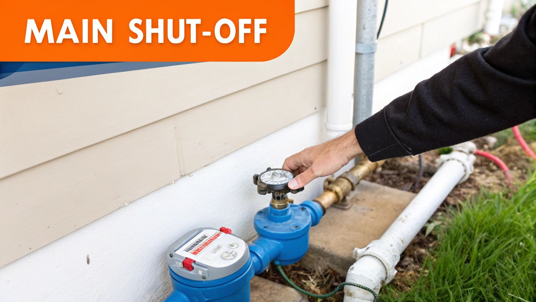 A person's hand turns a main water shut-off valve next to a water meter outside a house.