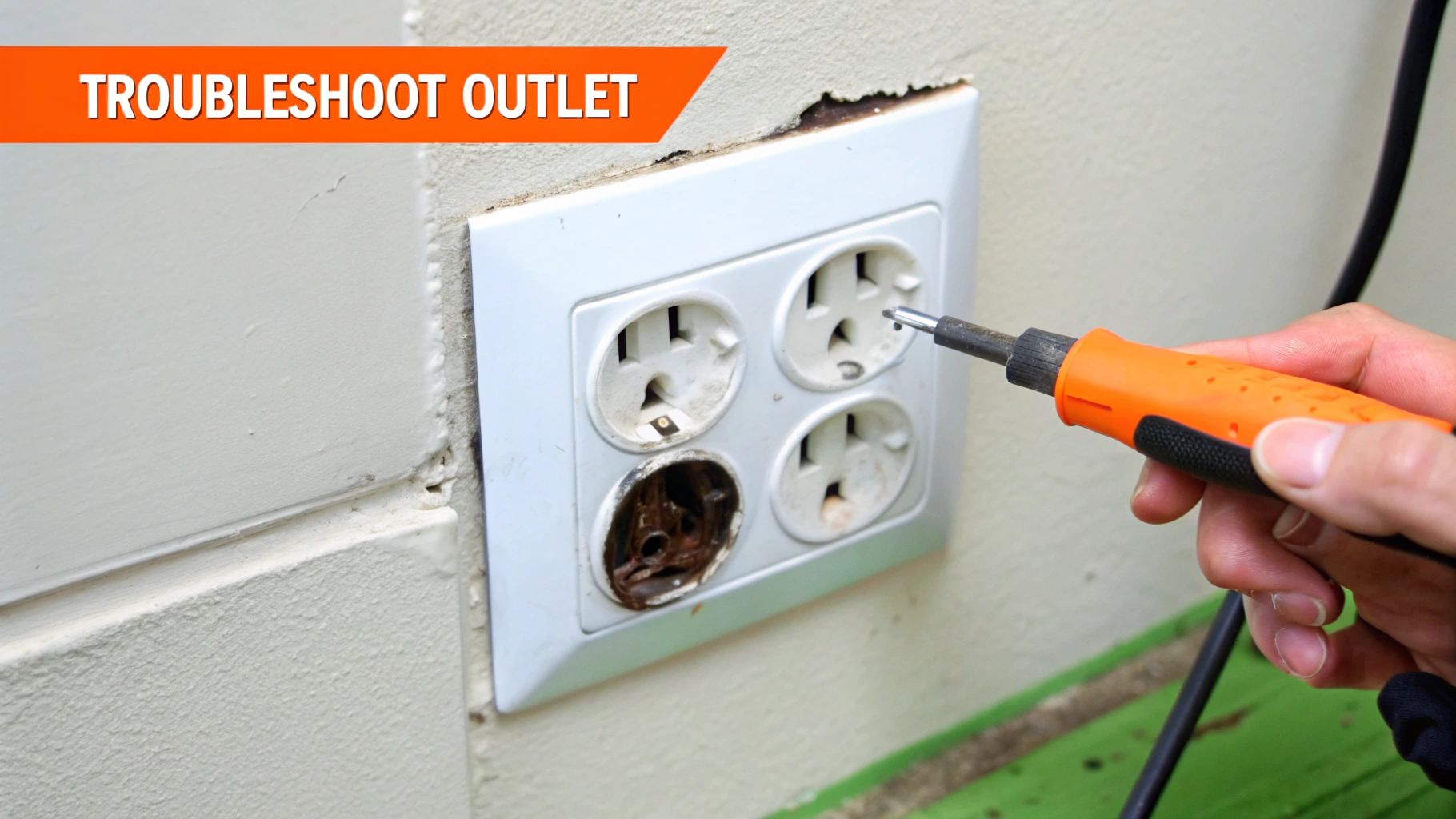 A person's hand with an orange screwdriver troubleshoots a damaged electrical outlet with a burnt receptacle.