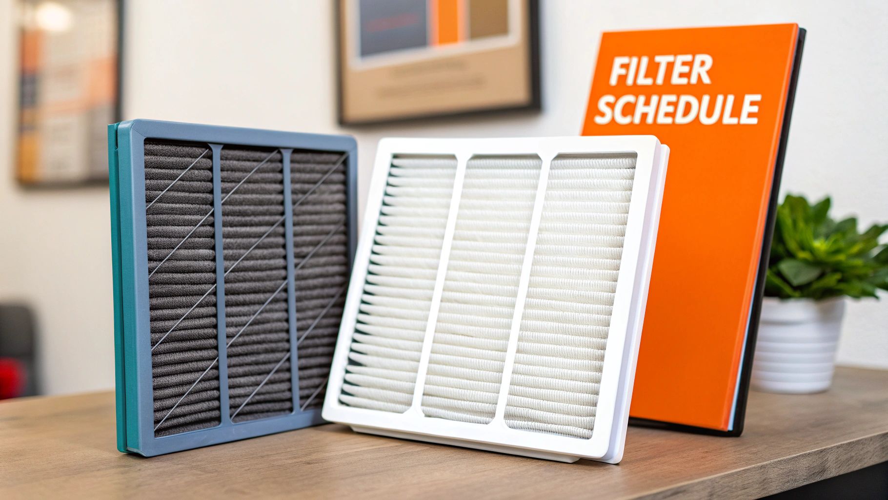 Two clean air filters, one dark and one white, next to a 'FILTER SCHEDULE' book.
