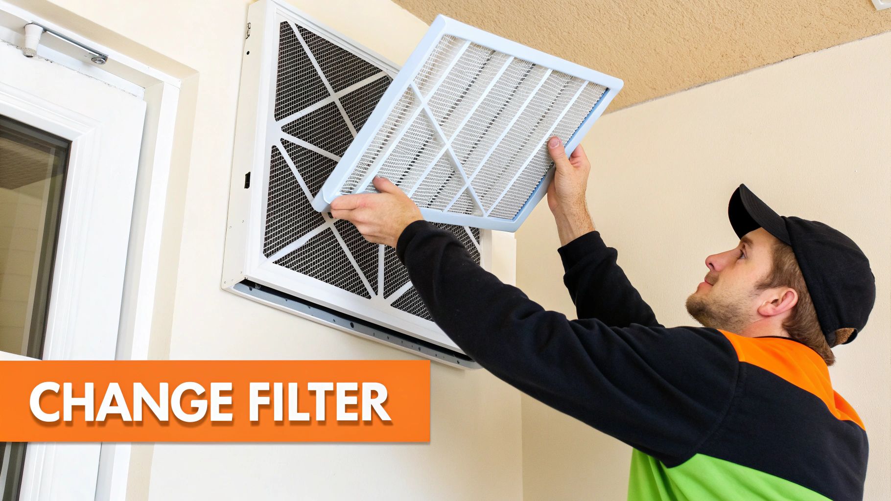 A man in a black and orange shirt replacing a white HVAC air filter.