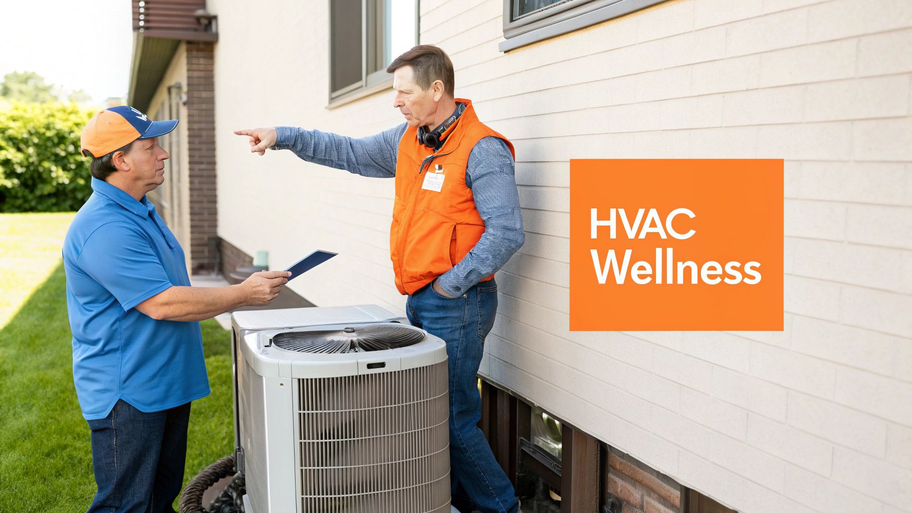 Two HVAC technicians discussing a repair next to an outdoor air conditioning unit, with 'HVAC Wellness' branding.