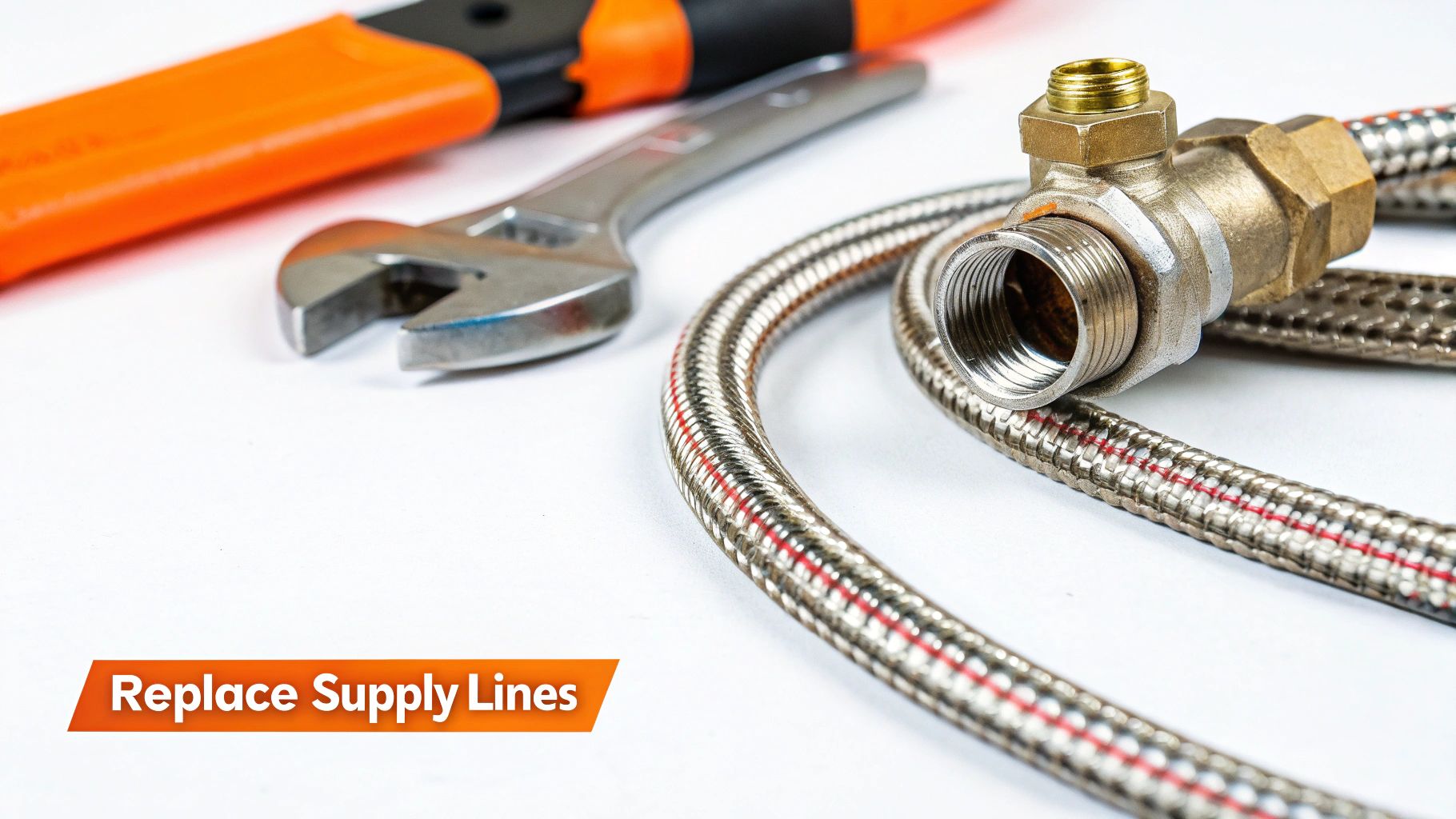 Plumbing tools including an adjustable wrench, braided supply lines, and a brass valve on a white background.