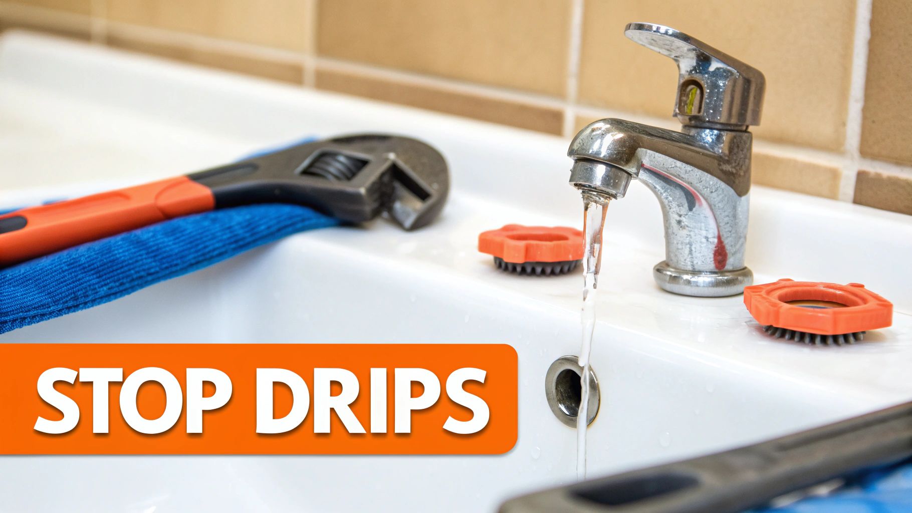 A chrome faucet drips water into a white sink, with a wrench and orange tools nearby, and text 'STOP DRIPS' on a banner.