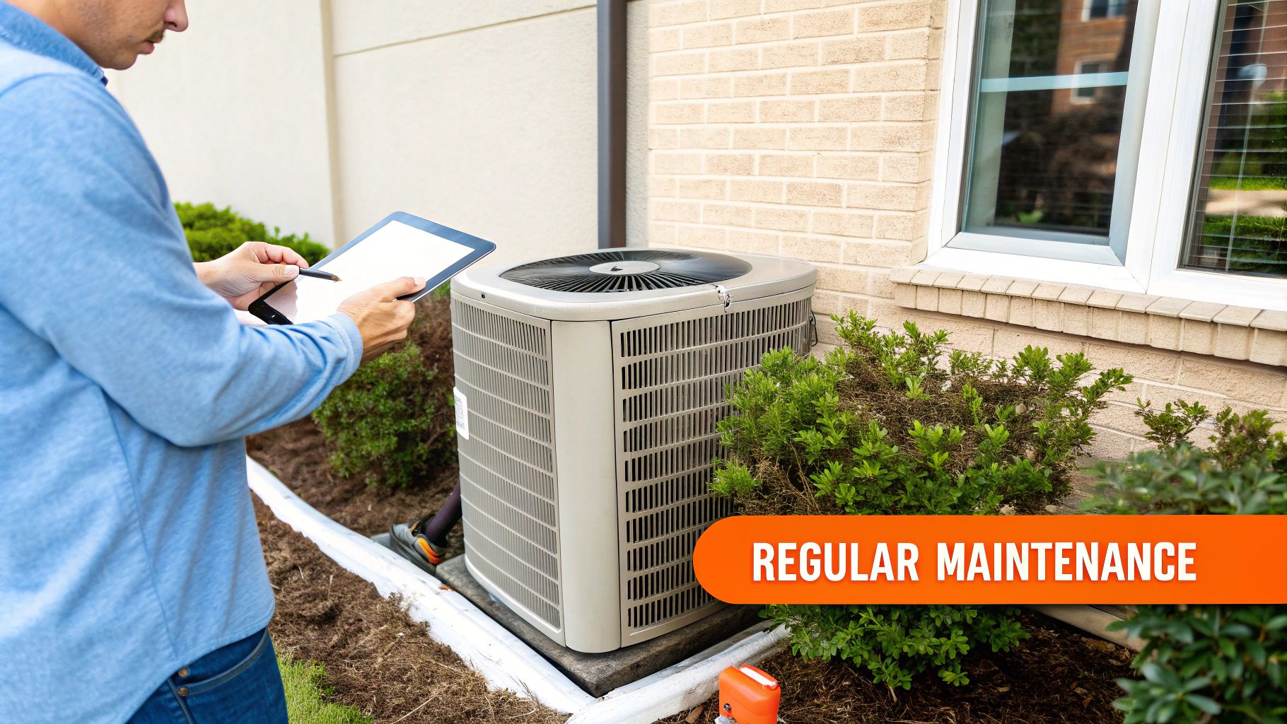 A technician performing regular maintenance on an outdoor AC unit, using a digital tablet for inspection.