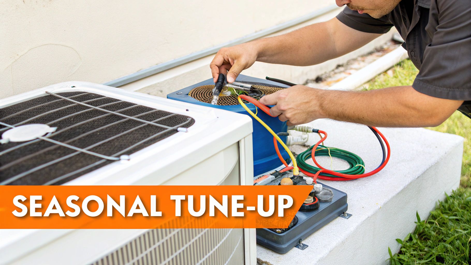 A technician performs a seasonal tune-up on an outdoor air conditioning unit, connecting hoses.