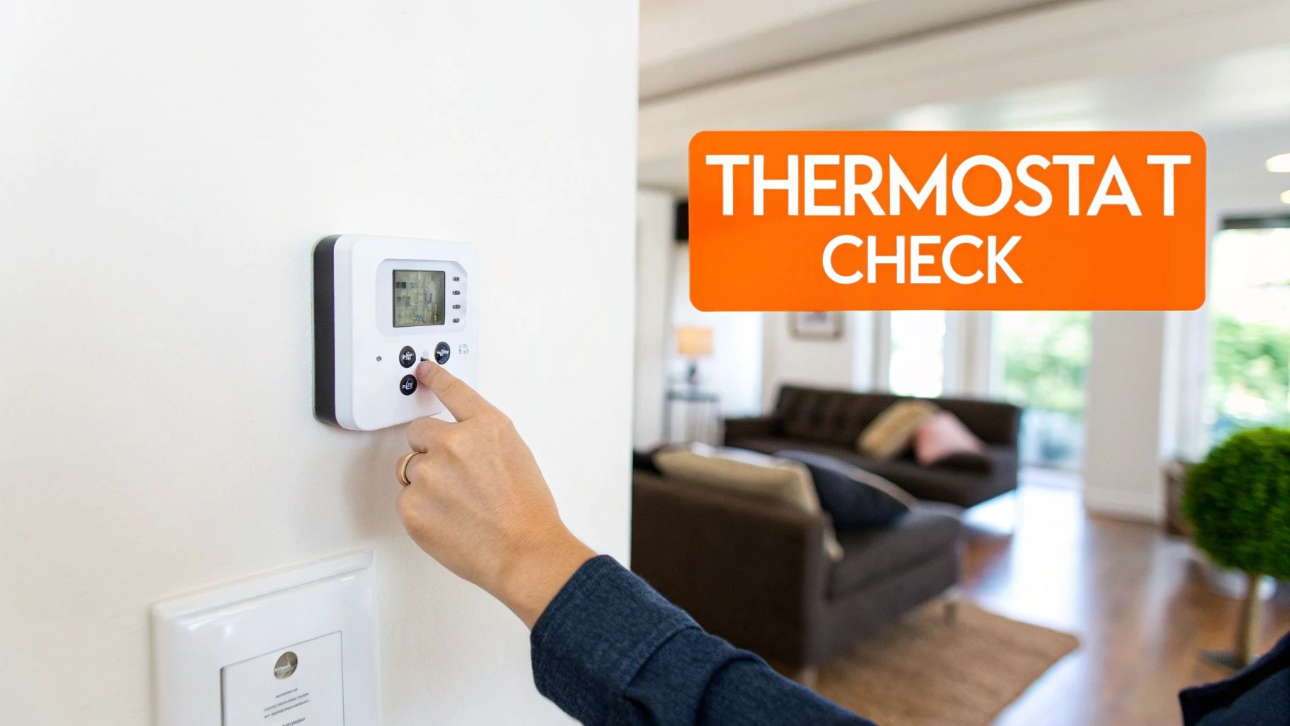A person's hand adjusts a white digital thermostat on a wall in a home.