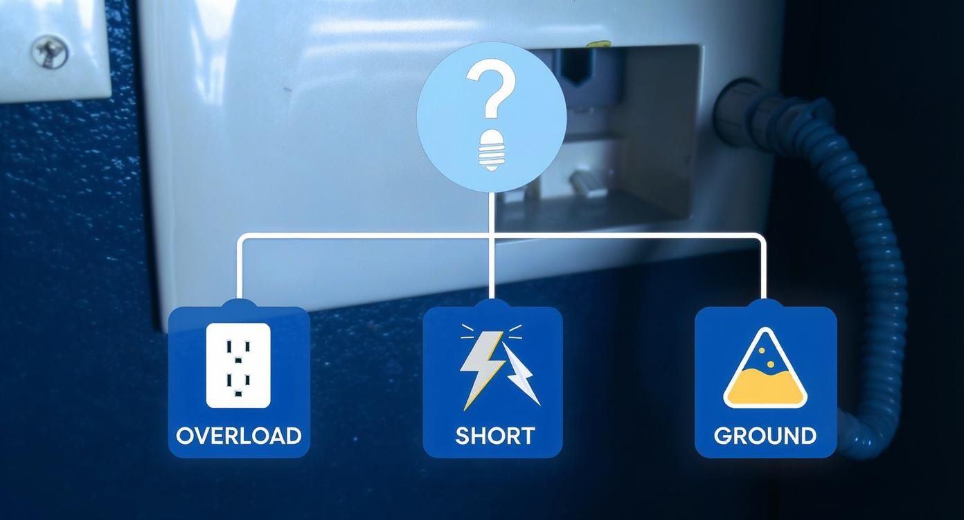 Diagram showing three common causes of circuit breaker tripping: overload, short circuit, and ground fault