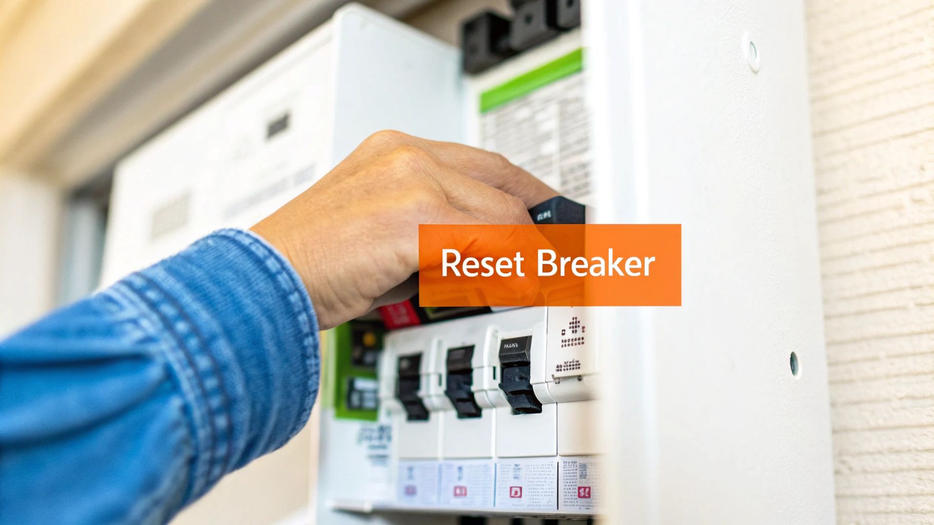 A person's hand in a blue denim sleeve is operating a white electrical circuit breaker panel.