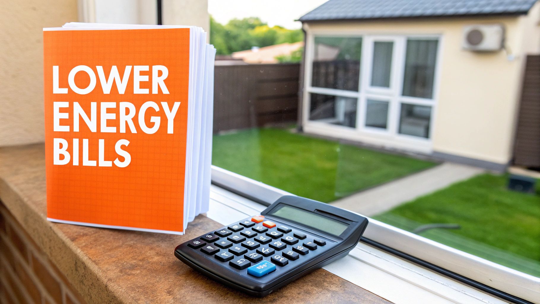 A book titled 'LOWER ENERGY BILLS' and a calculator on a windowsill, with a house and lawn in the background.