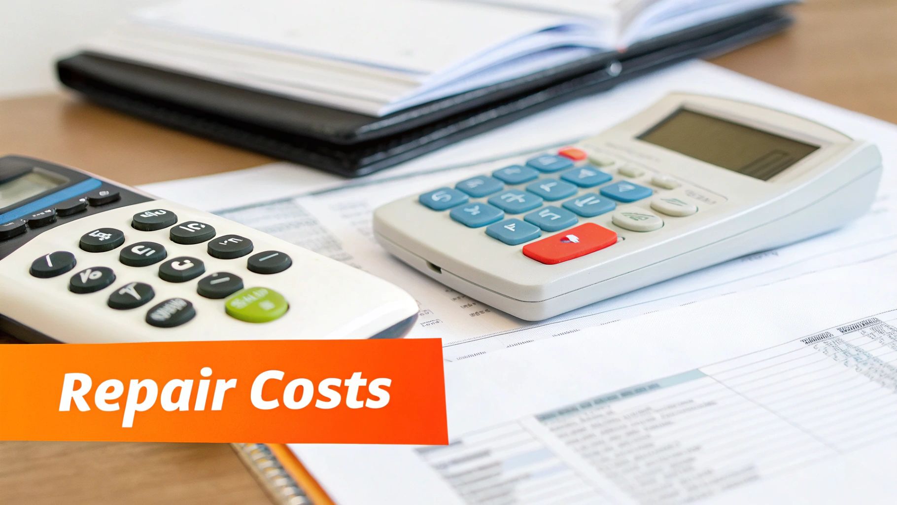 Two calculators and documents on a desk with a 'Repair Costs' banner, symbolizing financial planning.