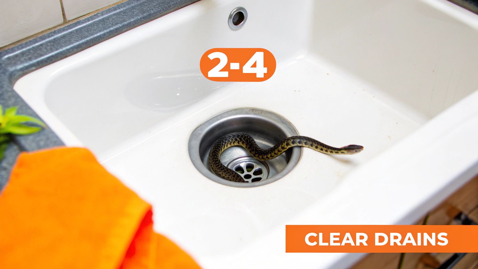 A small patterned snake is coming out of a metal kitchen sink drain, with text 'CLEAR DRAINS'.
