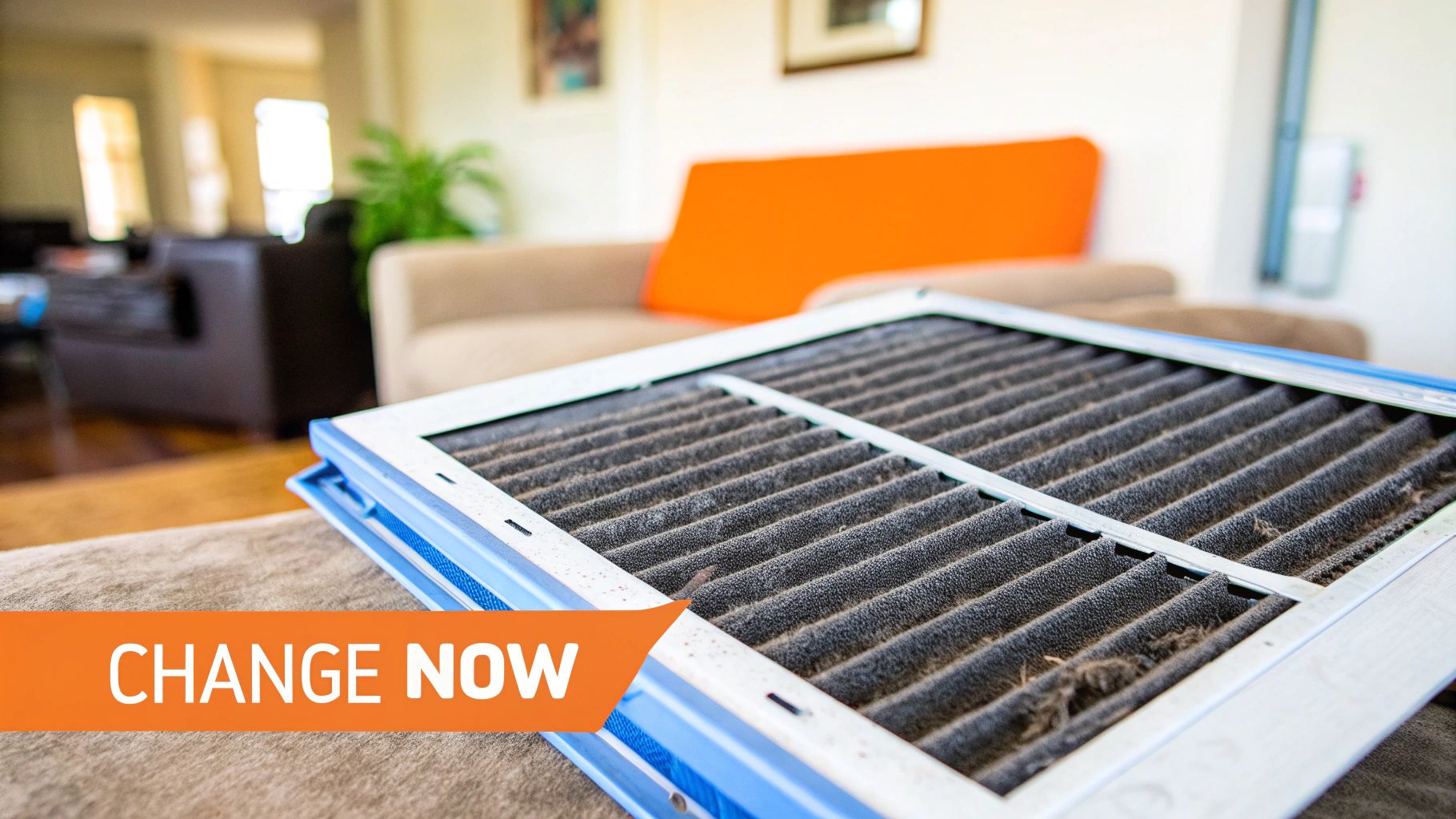 A close-up of a severely dirty air filter covered in dust and debris, with a 'CHANGE NOW' banner.