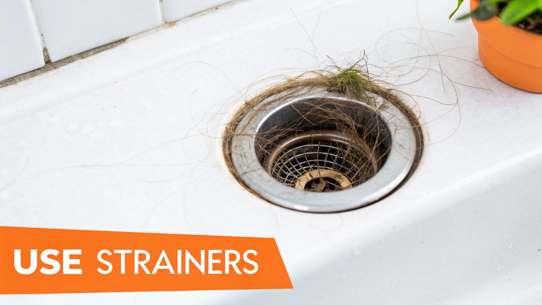 A bathroom sink drain full of tangled hair and debris, with a visible text overlay 'USE STRAINERS'.