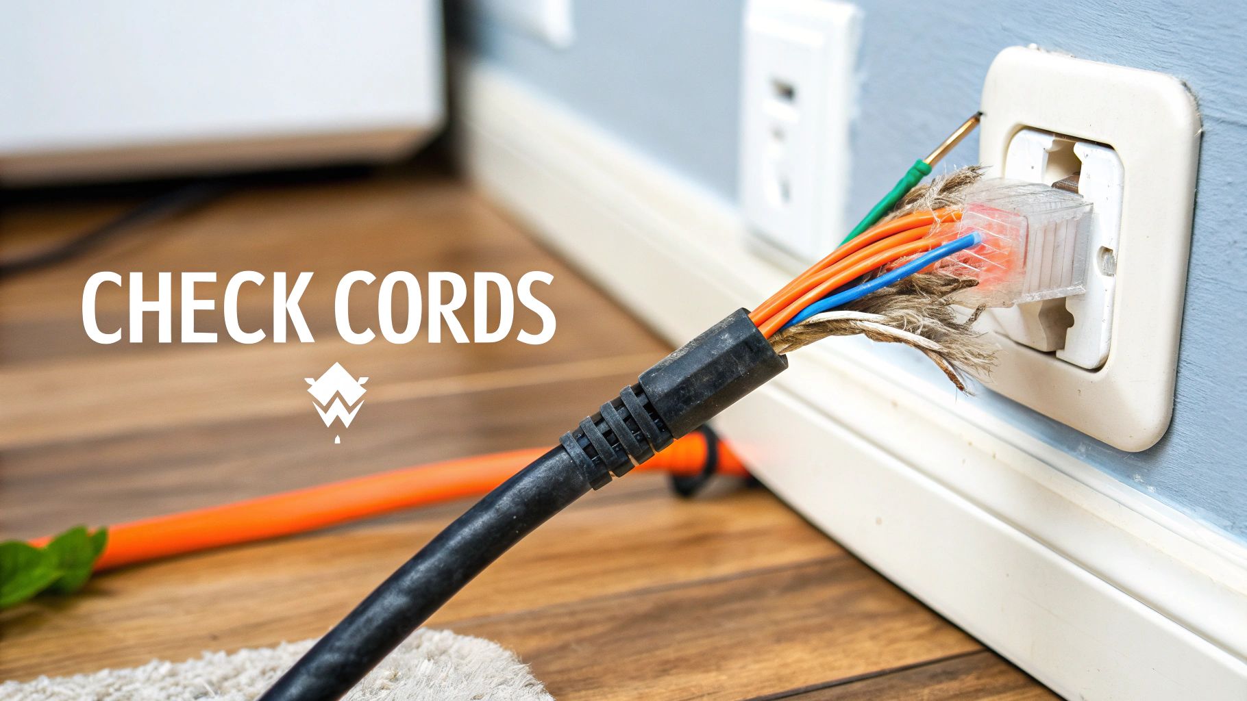 A dangerously frayed electrical cord plugged into a wall outlet, emphasizing home electrical safety.