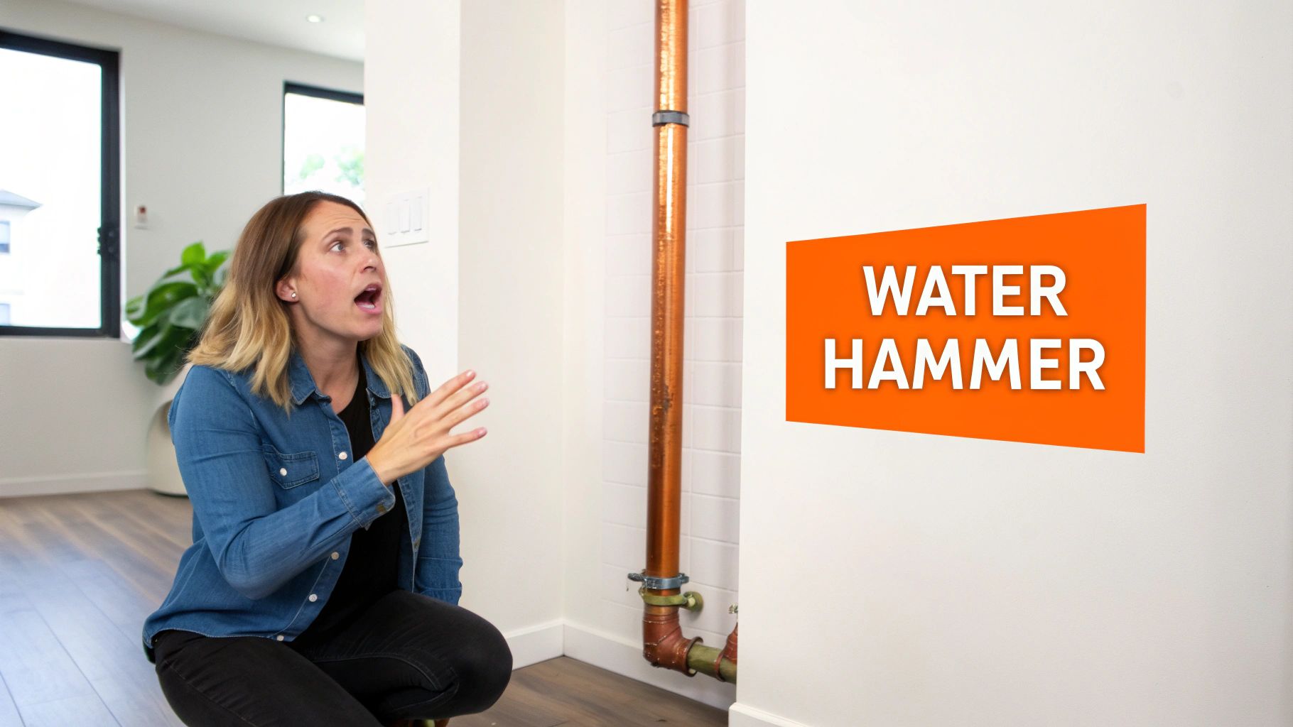 A close-up of a copper water pipe with fittings, illustrating a typical residential plumbing setup.