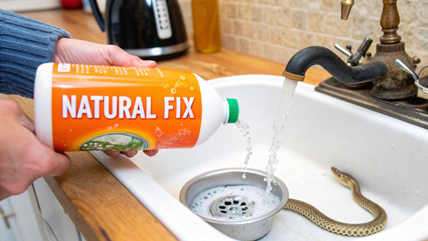 A wet/dry shop vacuum hose positioned over a bathtub drain.