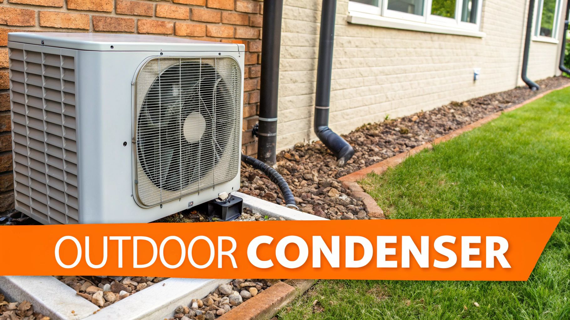 A white outdoor air conditioning condenser unit with a fan and louvered sides, placed by a house wall.