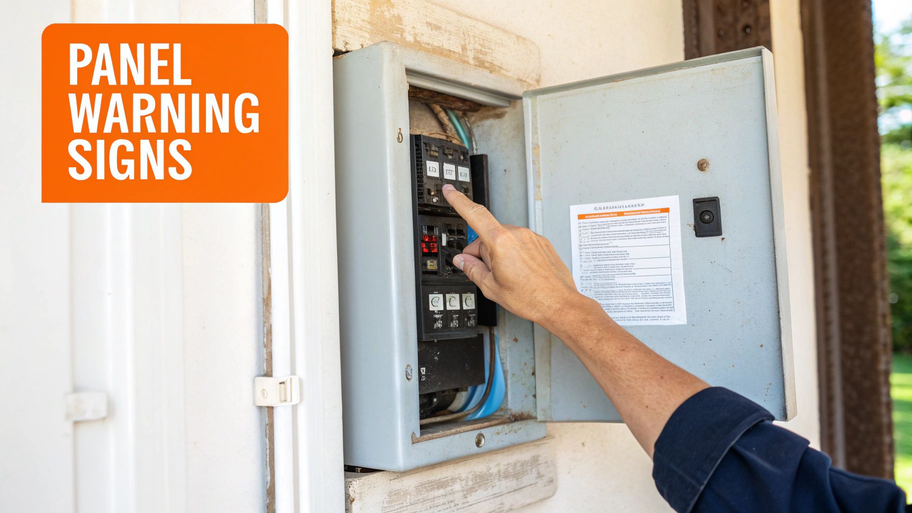 A person's hand points to circuit breakers inside an open electrical panel, labeled 'Panel Warning Signs'.