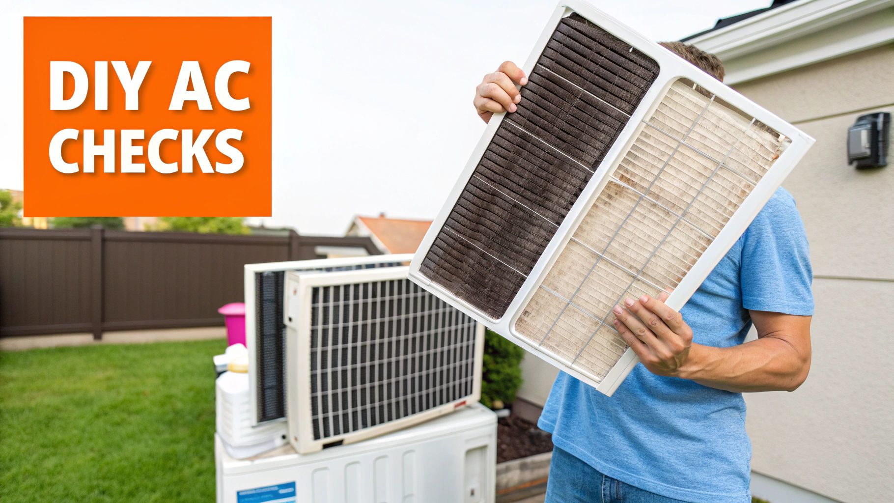 Person holding dirty air conditioner filter next to outdoor AC unit for DIY maintenance inspection